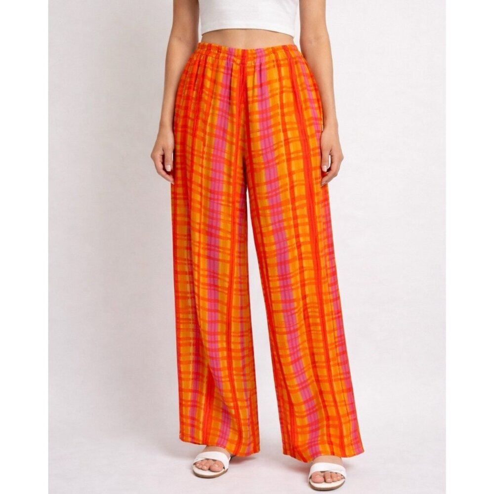 Vintage Sunset Watercolor Plaid Wide Leg Satin Pants - XL/1X